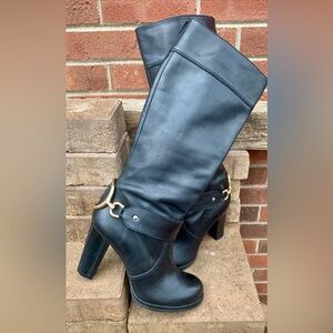 Juicy Couture Sz 7.5 Womens High Heel Black Leather/Gold Zippered Boots